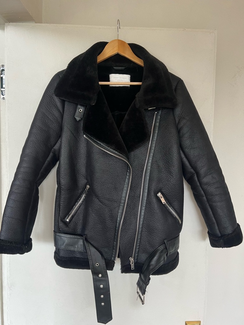 Zara Black Faux Shearling Biker Jacket